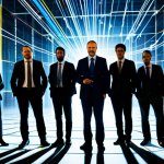 A diverse group of professional business people, fully clothed in modest business attire, standing in a brightly lit, futuristic digital environment. Abstract light trails and interconnected nodes symbolize knowledge flowing seamlessly between different departments and individuals, breaking down information silos. The background shows digital representations of data architecture and network connections. The overall scene emphasizes unity, efficiency, and interconnectedness. Professional photography, high resolution, soft cinematic lighting, perfect anatomy, correct proportions, natural poses, well-formed hands, proper finger count, natural body proportions, safe for work, appropriate content, family-friendly.