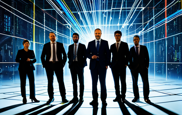 A diverse group of professional business people, fully clothed in modest business attire, standing in a brightly lit, futuristic digital environment. Abstract light trails and interconnected nodes symbolize knowledge flowing seamlessly between different departments and individuals, breaking down information silos. The background shows digital representations of data architecture and network connections. The overall scene emphasizes unity, efficiency, and interconnectedness. Professional photography, high resolution, soft cinematic lighting, perfect anatomy, correct proportions, natural poses, well-formed hands, proper finger count, natural body proportions, safe for work, appropriate content, family-friendly.