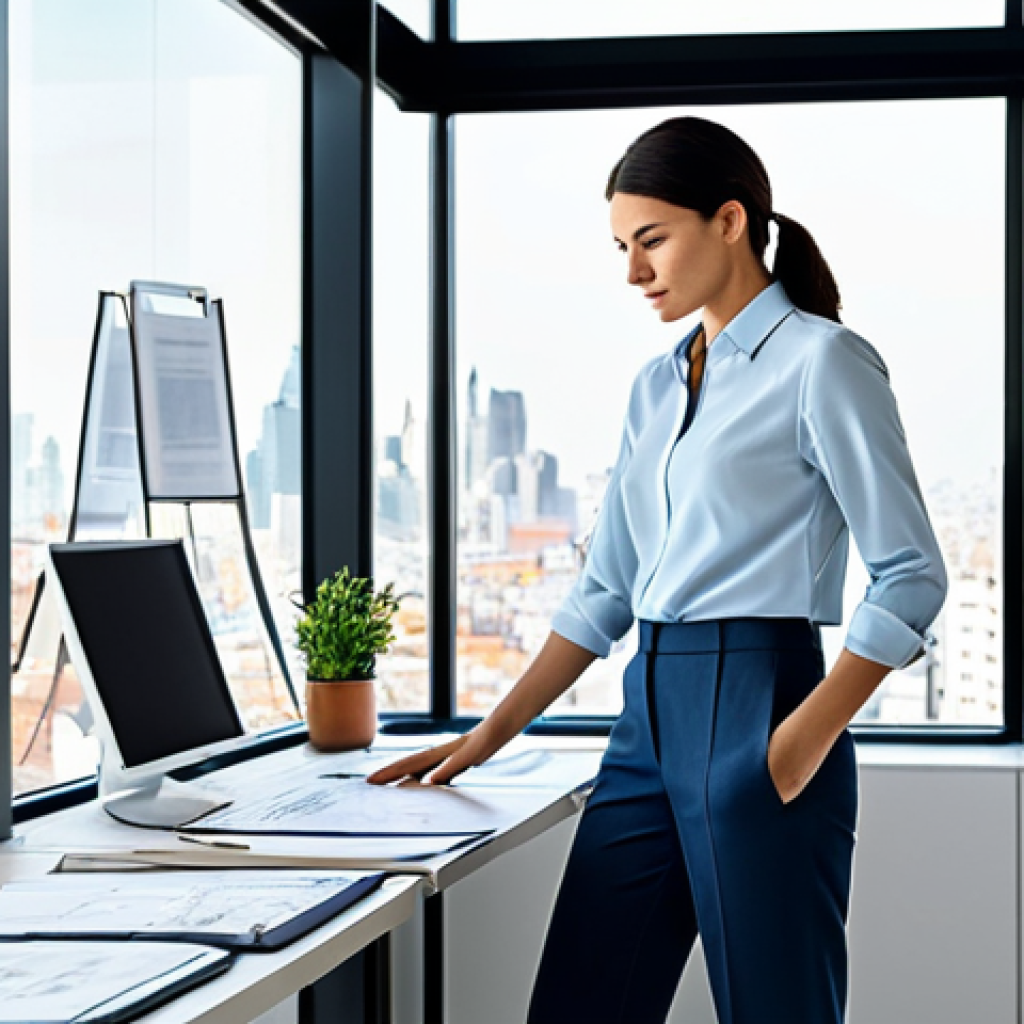 **
"A professional architect in a modern, light-filled office, reviewing blueprints. She is wearing a fully clothed, stylish business casual outfit: tailored pants and a blouse. The office features clean lines, large windows overlooking a cityscape, and architectural models on display. Safe for work, appropriate content, perfect anatomy, correct proportions, natural pose, professional, modest clothing, family-friendly, high quality."
**
