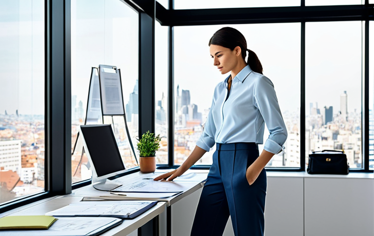 **
"A professional architect in a modern, light-filled office, reviewing blueprints. She is wearing a fully clothed, stylish business casual outfit: tailored pants and a blouse. The office features clean lines, large windows overlooking a cityscape, and architectural models on display. Safe for work, appropriate content, perfect anatomy, correct proportions, natural pose, professional, modest clothing, family-friendly, high quality."
**