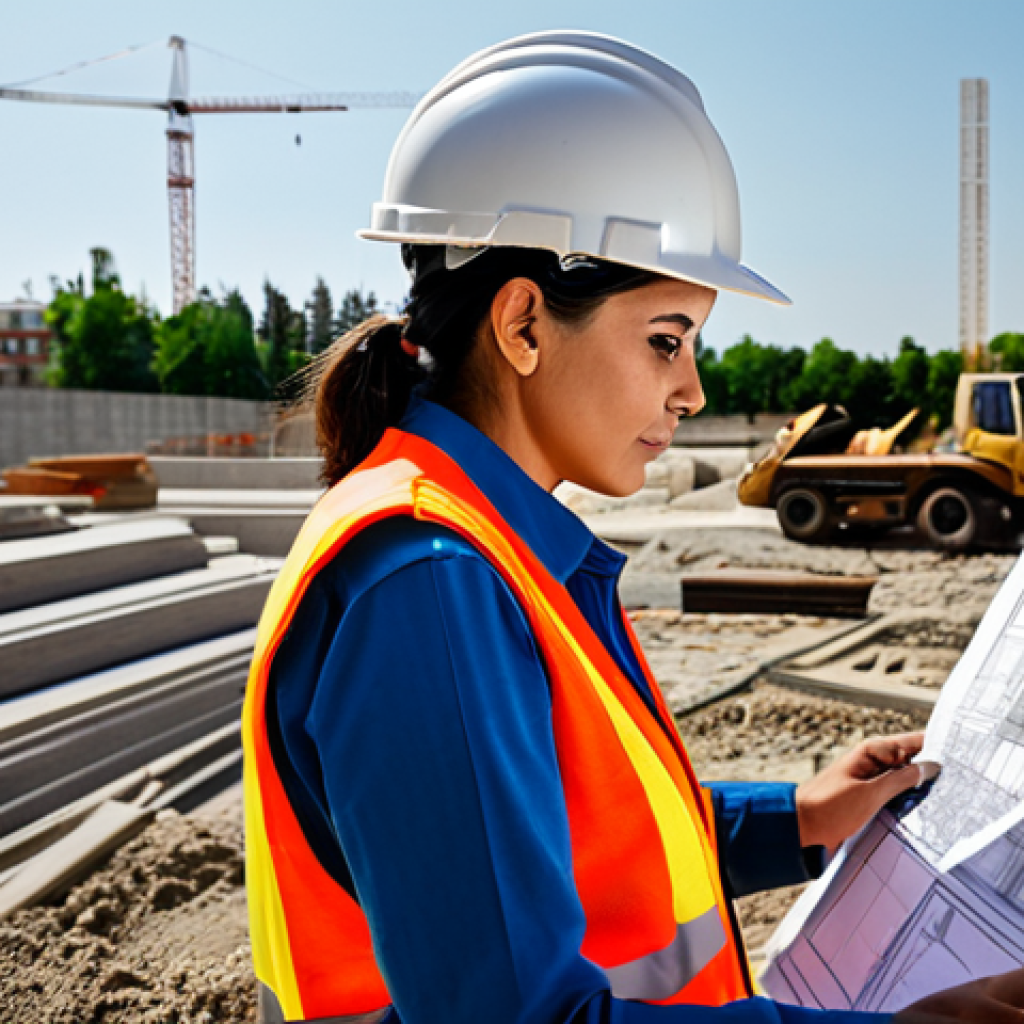 ** A professional Latina architect in a hard hat and safety vest, reviewing blueprints on a construction site in Madrid, Spain. Fully clothed, appropriate attire, safe for work, perfect anatomy, natural proportions, architectural photography, high quality.
**