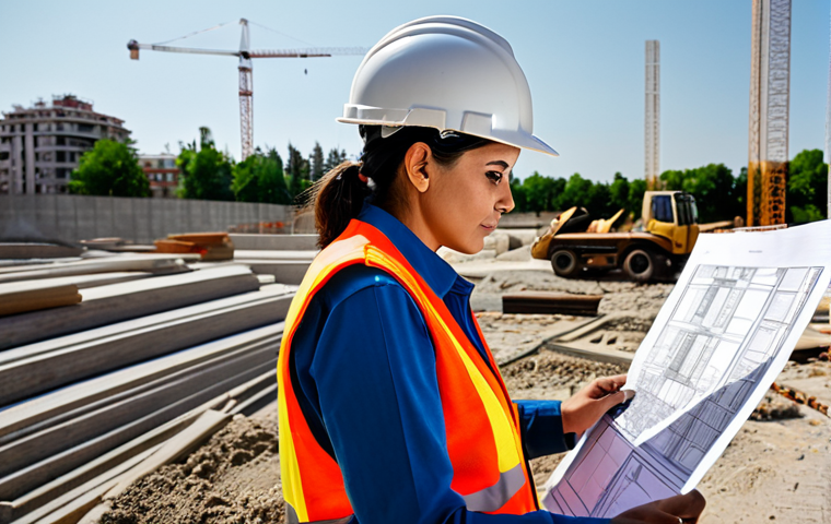 ** A professional Latina architect in a hard hat and safety vest, reviewing blueprints on a construction site in Madrid, Spain. Fully clothed, appropriate attire, safe for work, perfect anatomy, natural proportions, architectural photography, high quality.
**