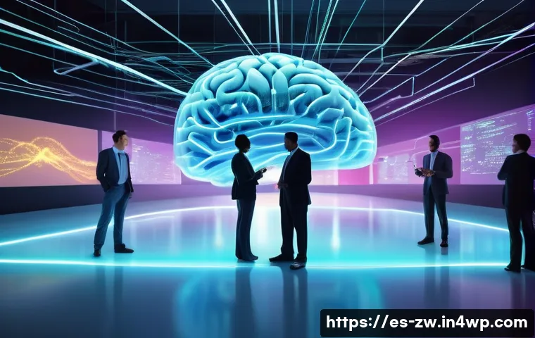 지식 관리 시스템과 정보 기술 - **Prompt:** A vibrant, futuristic depiction of a corporate "brain" or central nervous system, made o...