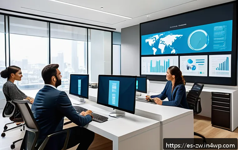 지식 구조화와 데이터베이스 설계의 연관성 - A modern office environment showing a diverse team of professionals collaborating around a large dig...