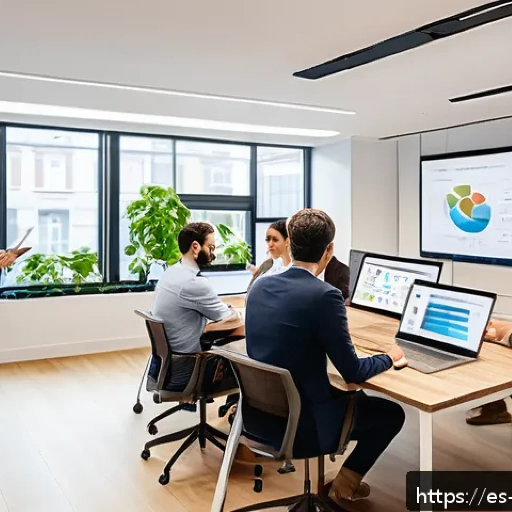 팀워크 향상을 위한 지식 구조화 전략 - A modern, bright office environment with a diverse dynamic team of professionals actively collaborat...
