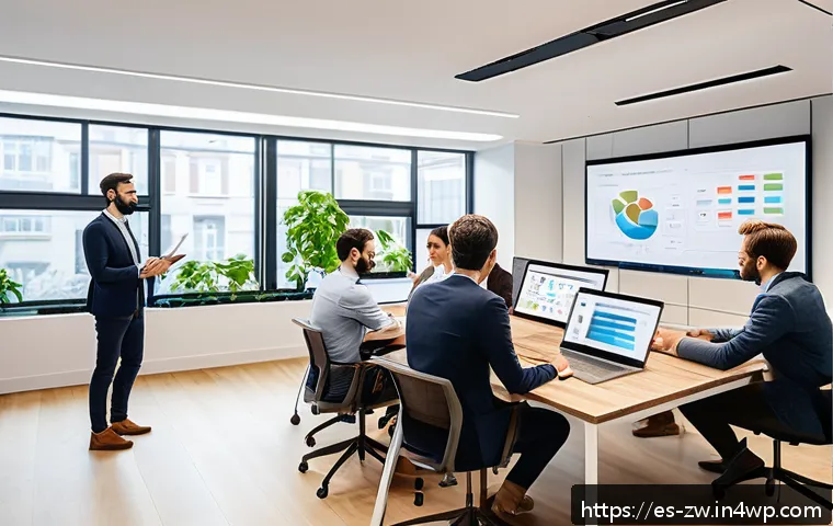 팀워크 향상을 위한 지식 구조화 전략 - A modern, bright office environment with a diverse dynamic team of professionals actively collaborat...