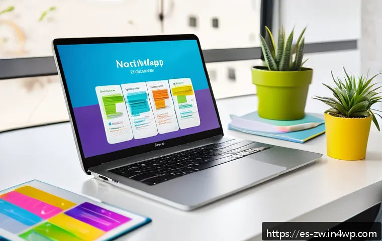지식 구조화 도구 추천 10가지 - A vibrant and modern home office scene focused on productivity tools: a sleek laptop screen displayi...
