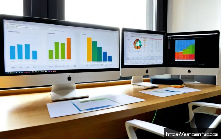 Home 17 지식 구조화와 비즈니스 인텔리전스 - Photorealistic business intelligence workspace in a modern Madrid office, Spanish professional organ...